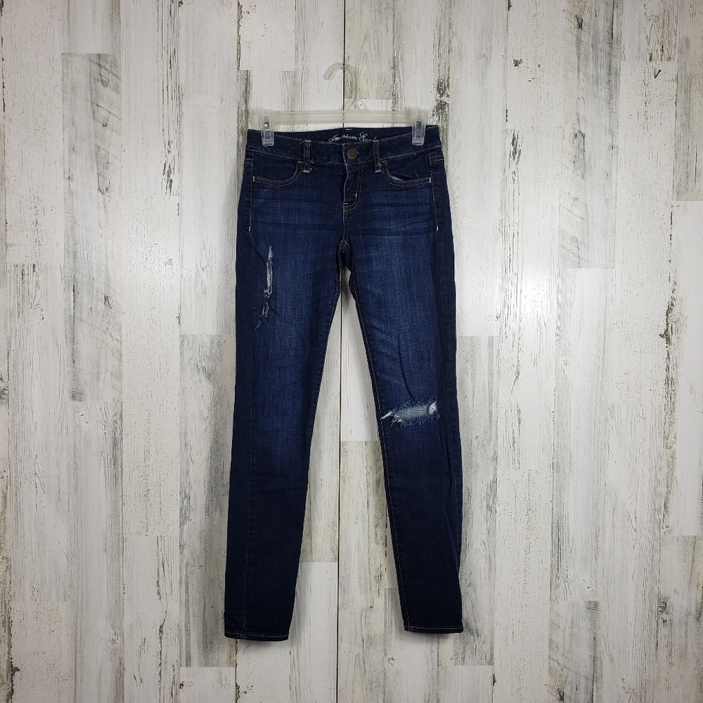 AEO stretch dark wash ripped skinny jean jeggings size 0